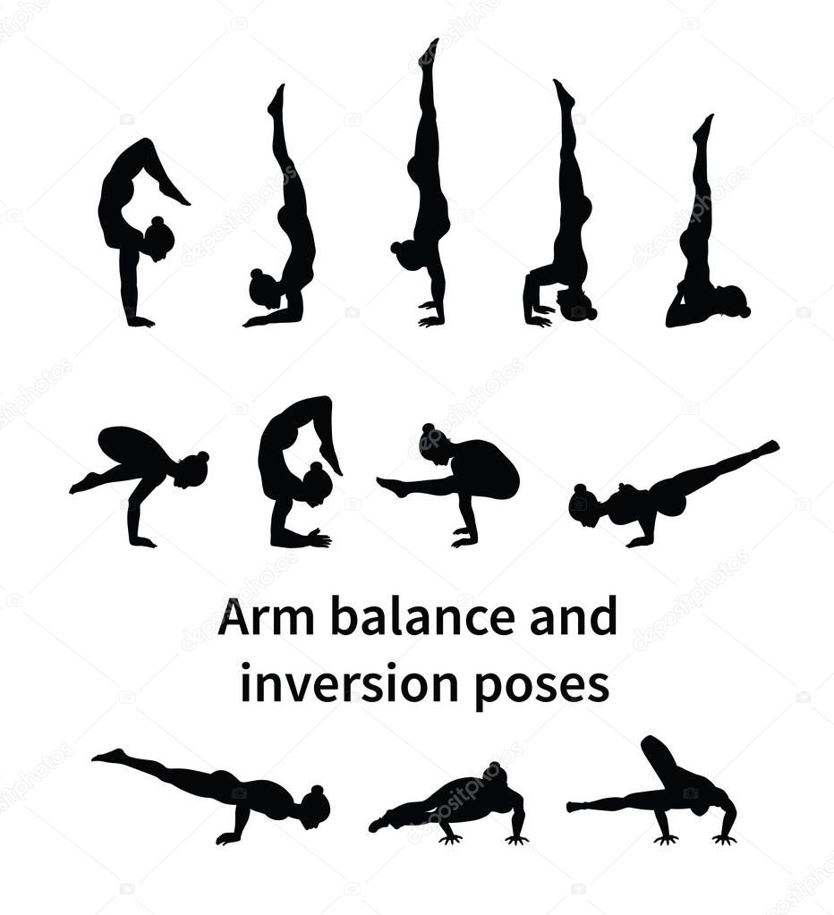 Women silhouettes. Collection of yoga poses. Asana set. Vector illustration. Arm balance and inversion poses