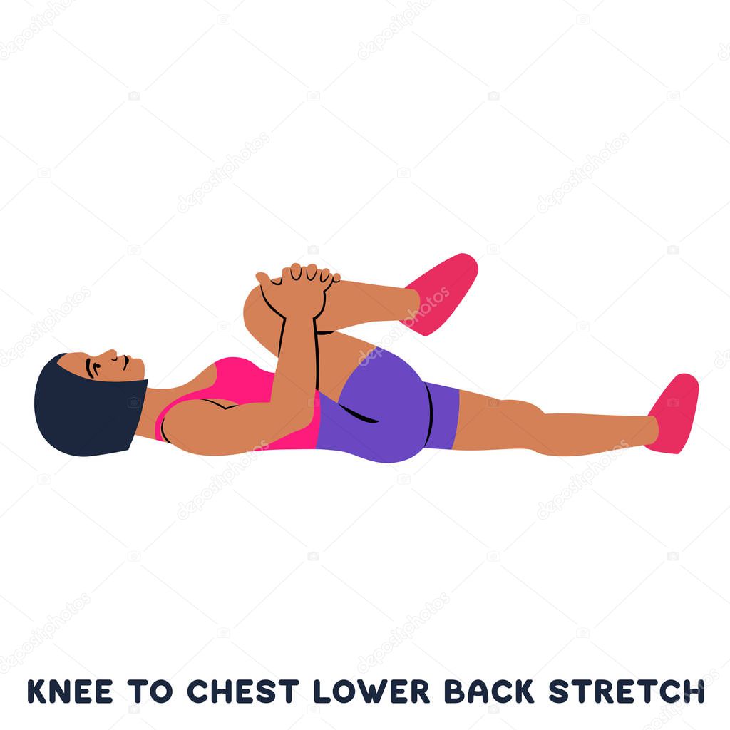 Knee to chest lower back stretch. Sport exersice. Silhouettes of woman doing exercise. Workout, training Vector illustration