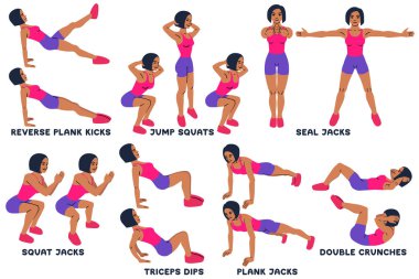 Geriye doğru tahta başladı. Geriye doğru tahta. Ağız kavgası atlamak. Hiç bir şey. Girişleri kapatın. Bodur vale. Hiç bir şey. Triceps dips. Tahta vale. Tahta. Tahta (tahtalar). Çift egzersizi. Spor exersice. Egzersiz yaparak kadın siluetleri egzersiz eğitim vektör çizim