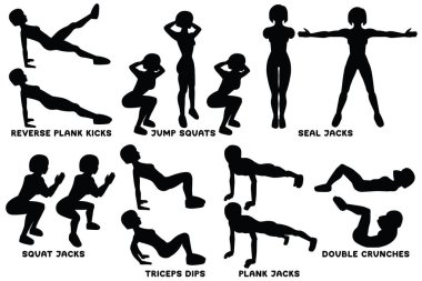 Geriye doğru tahta başladı. Geriye doğru tahta. Ağız kavgası atlamak. Hiç bir şey. Girişleri kapatın. Bodur vale. Hiç bir şey. Triceps dips. Tahta vale. Tahta. Tahta (tahtalar). Çift egzersizi. Spor exersice. Egzersiz yaparak kadın siluetleri egzersiz eğitim vektör çizim