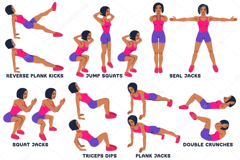 Reverse plank kicks. Reverse plank. Jump squats. Squat. Seal Jacks. Squat jacks. Squat. Triceps dips. PLank jacks. Plank. Planking. Double crunches. Sport exersice. Silhouettes of woman doing exercise Workout training Vector illustration