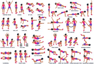 Spor exersice. Egzersiz yaparak kadın siluetleri. Egzersiz, vektör çizim eğitim. Jacks, lunges, ups sit, egzersizi, push up, tahta ağız kavgası ve daha fazla atlama