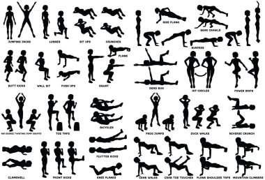 Spor exersice. Egzersiz yaparak kadın siluetleri. Egzersiz, vektör çizim eğitim. Jacks, lunges, ups sit, egzersizi, push up, tahta ağız kavgası ve daha fazla atlama