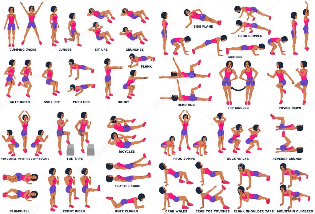 Sport exersice. Silhouettes of woman doing exercise. Workout, training Vector illustration. Jumping Jacks, lunges, sit ups, crunches, push ups, plank squat and more