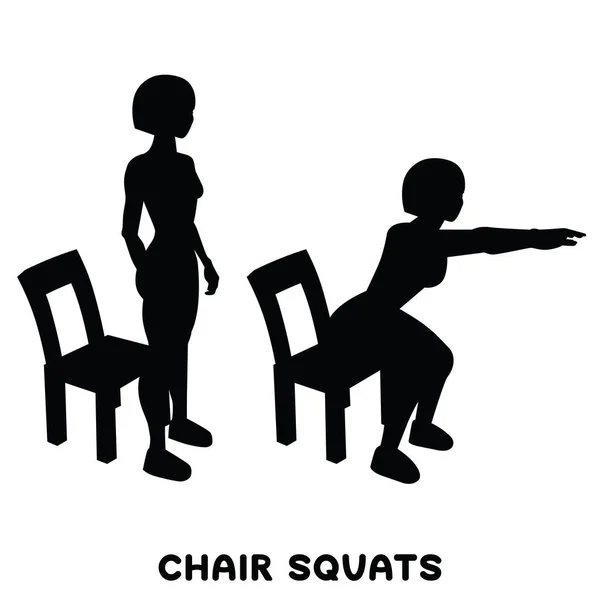 Chair Squats Squat Sport Exersice Silhouettes Woman Doing Exercise Workout — Stock Vector