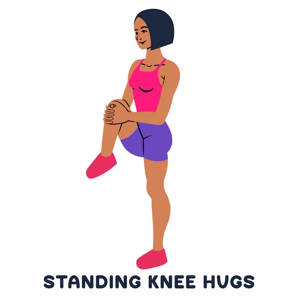 Standing Knee Hugs Sport Exersice Silhouettes Woman Doing Exercise Workout — Stock Vector