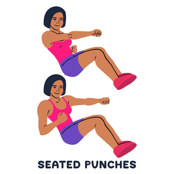 坐着的拳打脚踢 运动的努力 做运动的妇女的剪影 训练向量例证 — 图库矢量图片