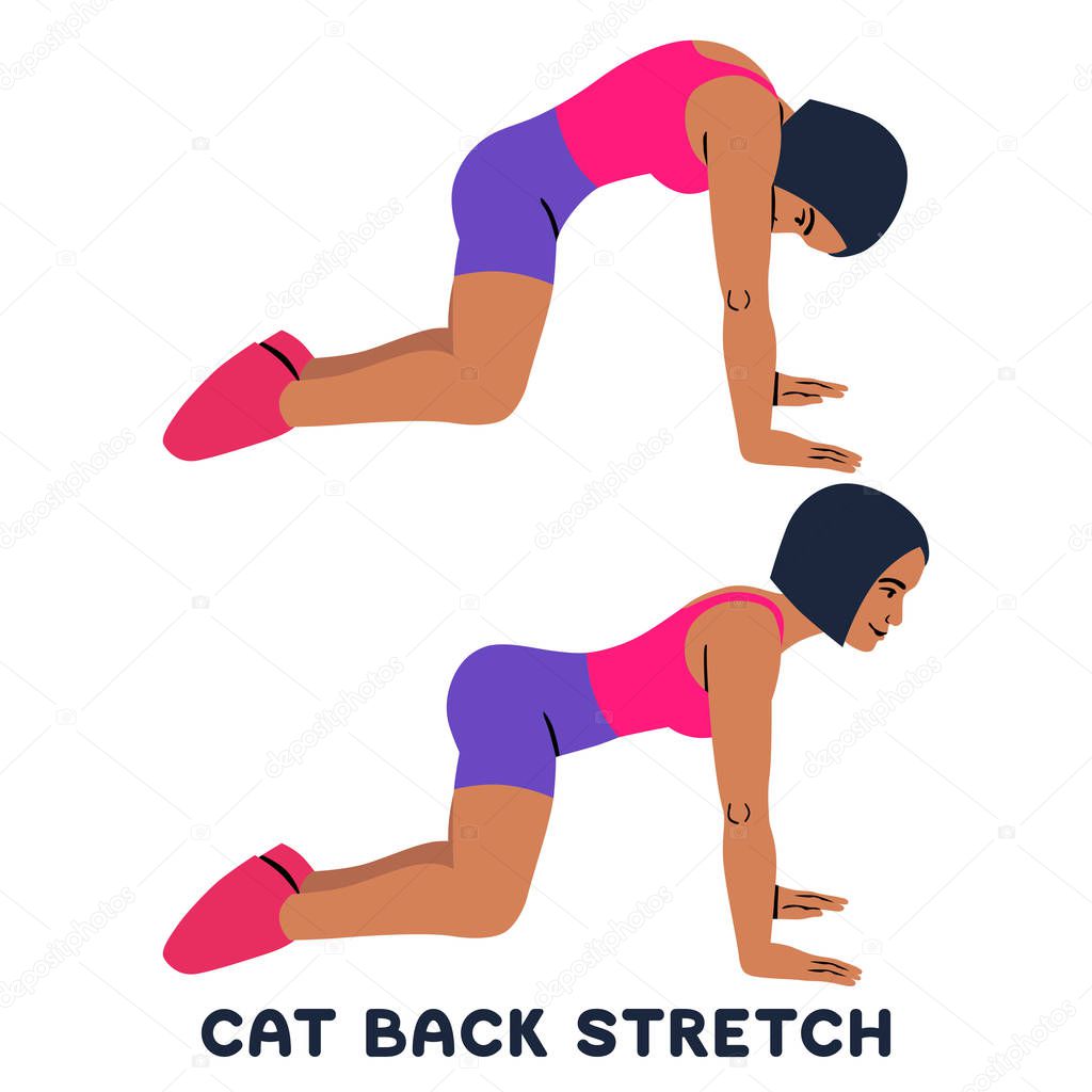 Cat back stretch. Backward camel stretch. Sport exersice. Silhouettes of woman doing exercise. Workout, training Vector illustration