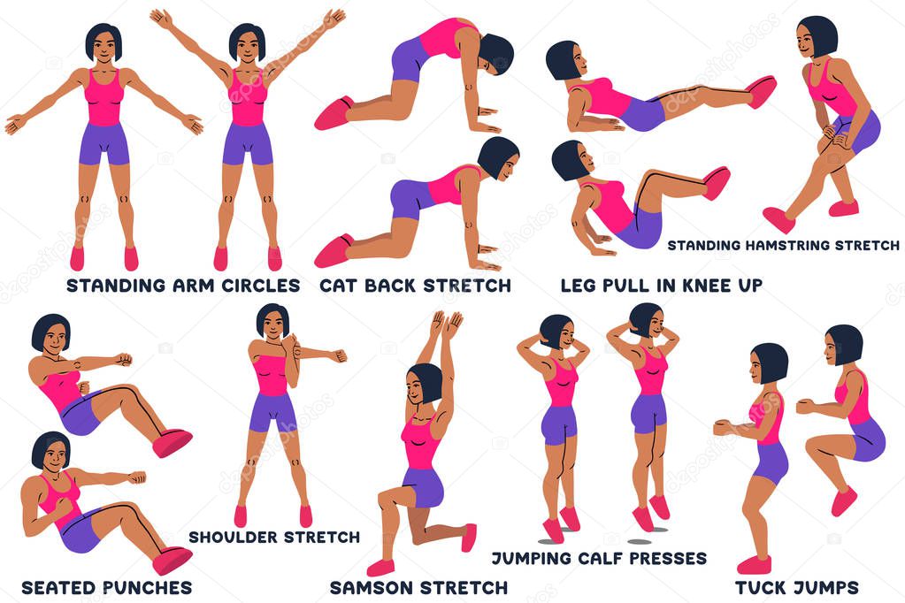 Cobra abdominal stretch. Old horse stretch. Sport exersice. Silhouettes of woman doing exercise. Workout, training Vector illustration