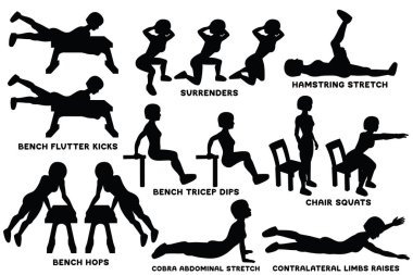 Bench flutter kicks. Surrenders. Hamstring stretch. Bench biceps dips. Chair squats. Bench hops. Cobra abdominal stretch. Contralateral limbs raises. Sport exersice. Silhouettes of woman doing exercise. Workout, training Vector illustration