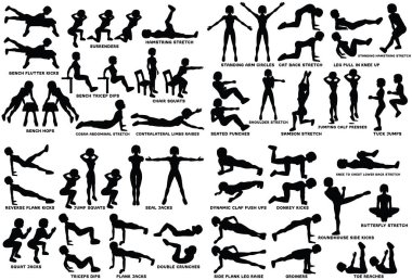 Spor exersice. Egzersiz yaparak kadın siluetleri. Egzersiz, vektör çizim eğitim. Jacks, lunges, ups sit, egzersizi, push up, tahta ağız kavgası ve daha fazla atlama