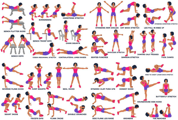 Sport exersice. Silhouettes of woman doing exercise. Workout, training Vector illustration. Jumping Jacks, lunges, sit ups, crunches, push ups, plank squat and more