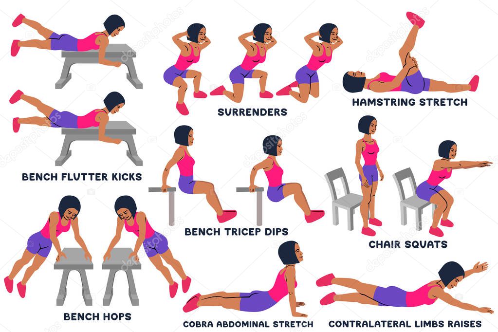 Bench flutter kicks. Surrenders. Hamstring stretch. Bench biceps dips. Chair squats. Bench hops. Cobra abdominal stretch. Contralateral limbs raises. Sport exersice. Silhouettes of woman doing exercise. Workout, training Vector illustration