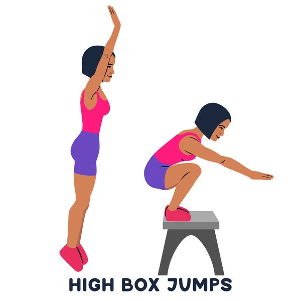 High Box Jumps Sport Exersice Silhouettes Woman Doing Exercise Workout — Stock Vector