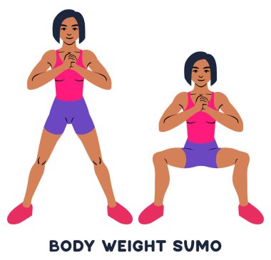 Body weight sumo. Wide stance squats.Sport exersice. Silhouettes of woman doing exercise. Workout, training Vector illustration