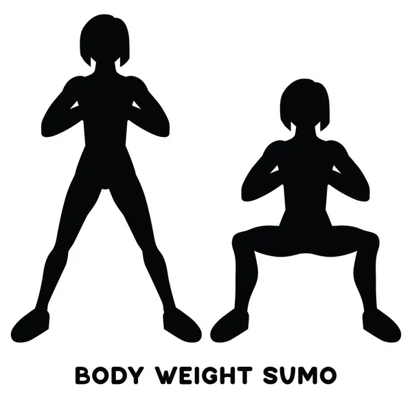 Body Weight Sumo Wide Stance Squats Sport Exersice Silhouettes Woman — Wektor stockowy