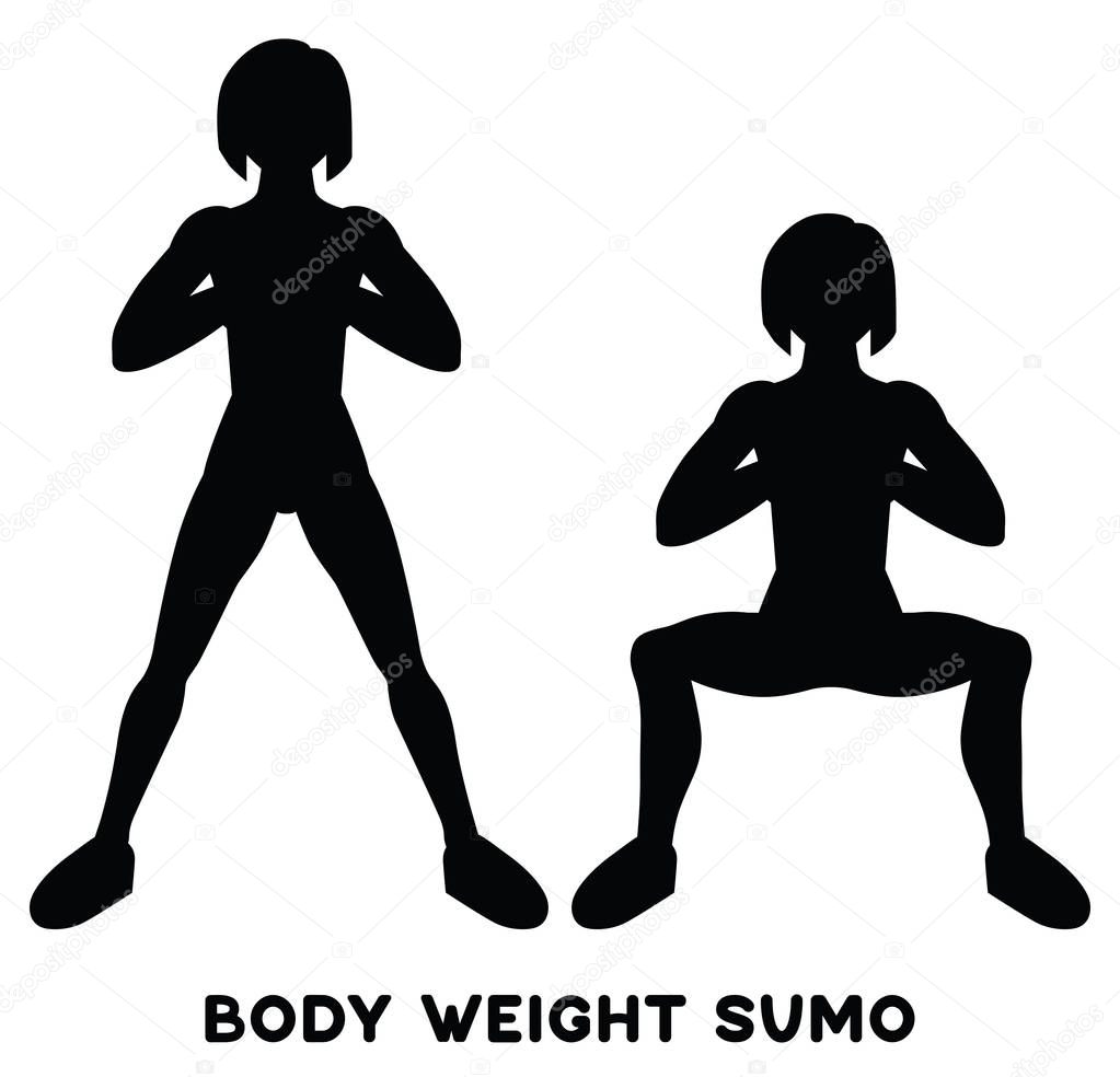 Body weight sumo. Wide stance squats.Sport exersice. Silhouettes of woman doing exercise. Workout, training Vector illustration