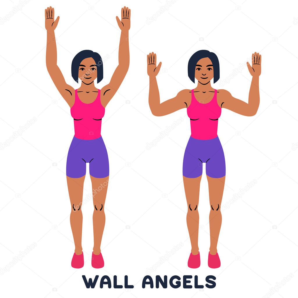 Wall angels. Sport exersice. Silhouettes of woman doing exercise. Workout, training Vector illustration