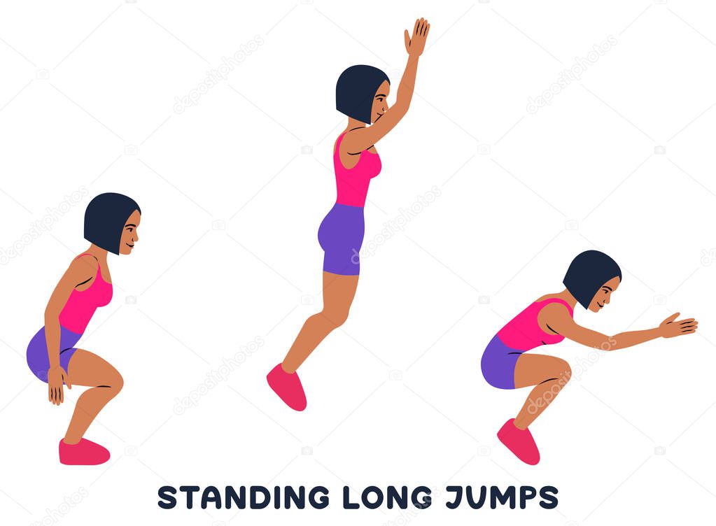 Standing long jumps. Sport exersice. Silhouettes of woman doing exercise. Workout, training Vector illustration