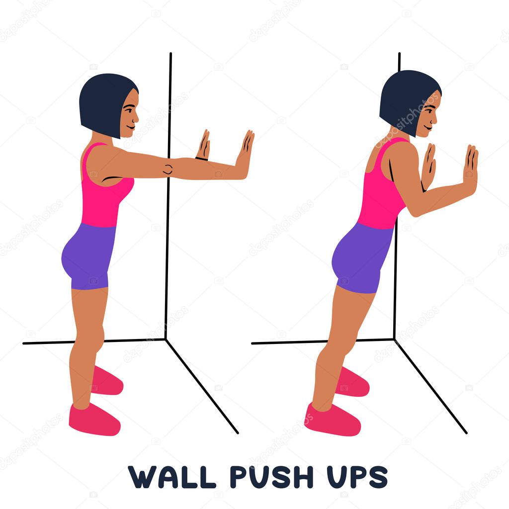 Wall push ups. Sport exersice. Silhouettes of woman doing exercise. Workout, training Vector illustration