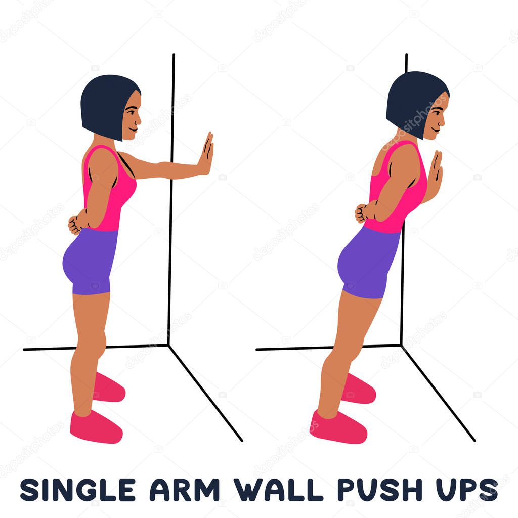 Single arm wall push ups. Sport exersice. Silhouettes of woman doing exercise. Workout, training Vector illustration