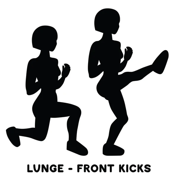 Lunges Front Kicks Sport Exersice Silhouettes Woman Doing Exercise Workout — Stock Vector