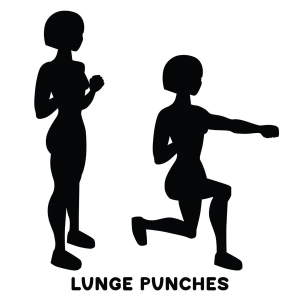 Lunges Lunge Punches Sport Exersice Silhouettes Woman Doing Exercise Workout — Stock Vector