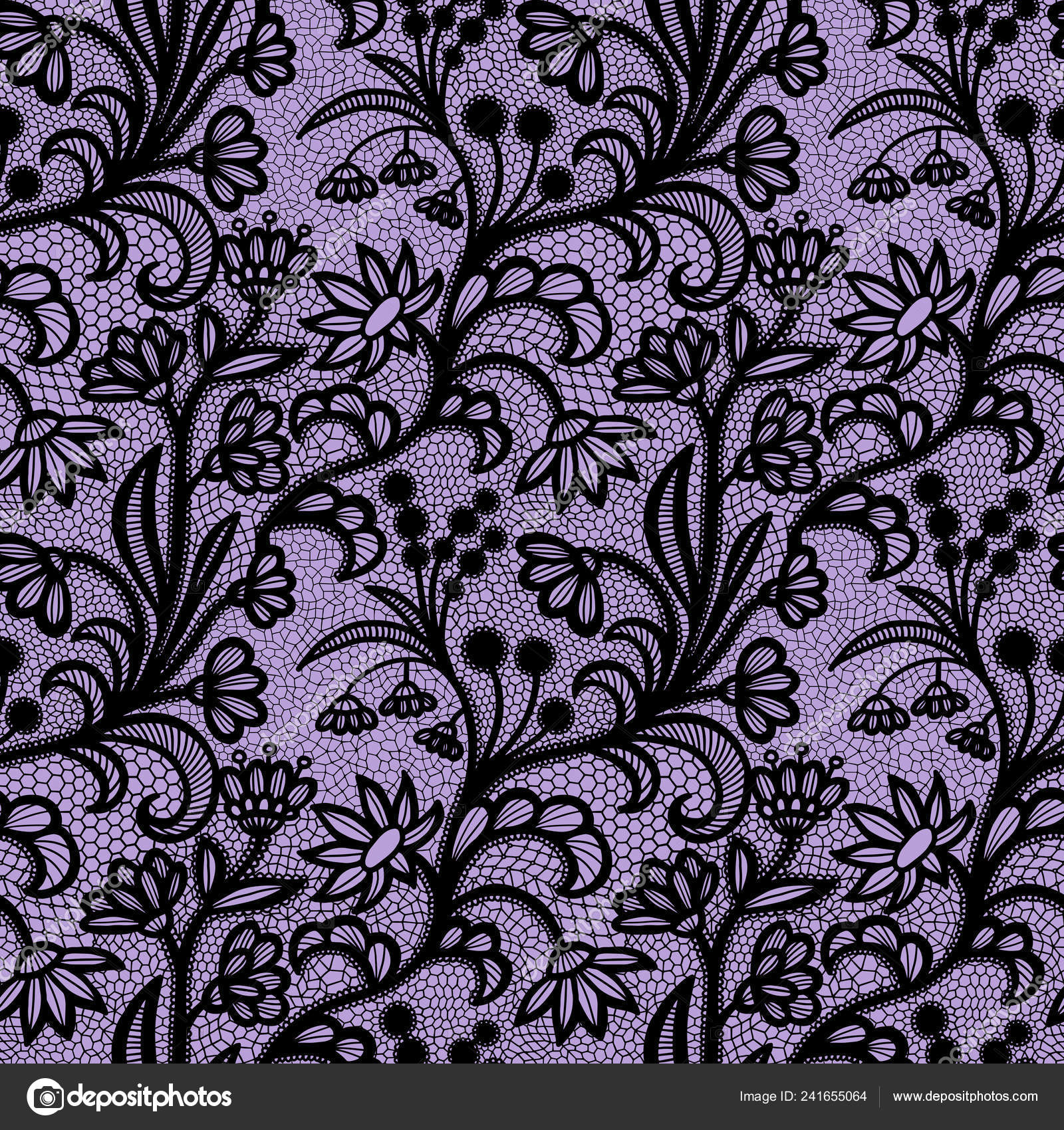 Lace Black Seamless Pattern Flowers Violet Background Stock Vector