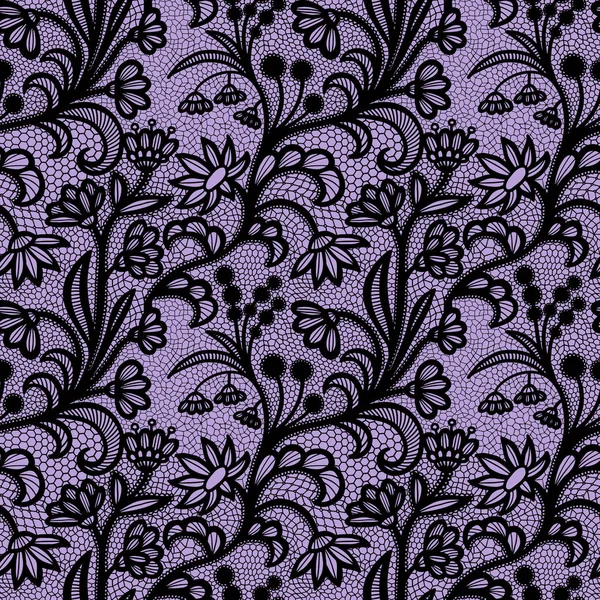 Dentelle Motif Sans Couture Noir Avec Des Fleurs Sur Fond — Image vectorielle