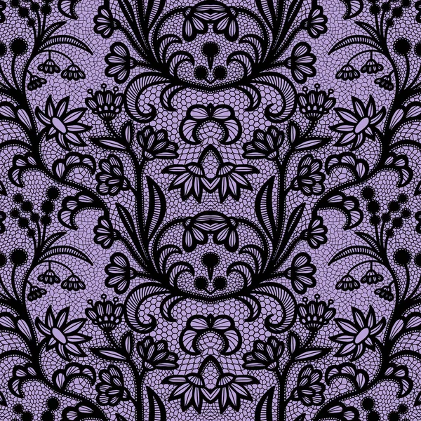 Lace Black Seamless Pattern Flowers Violet Background — Stock Vector