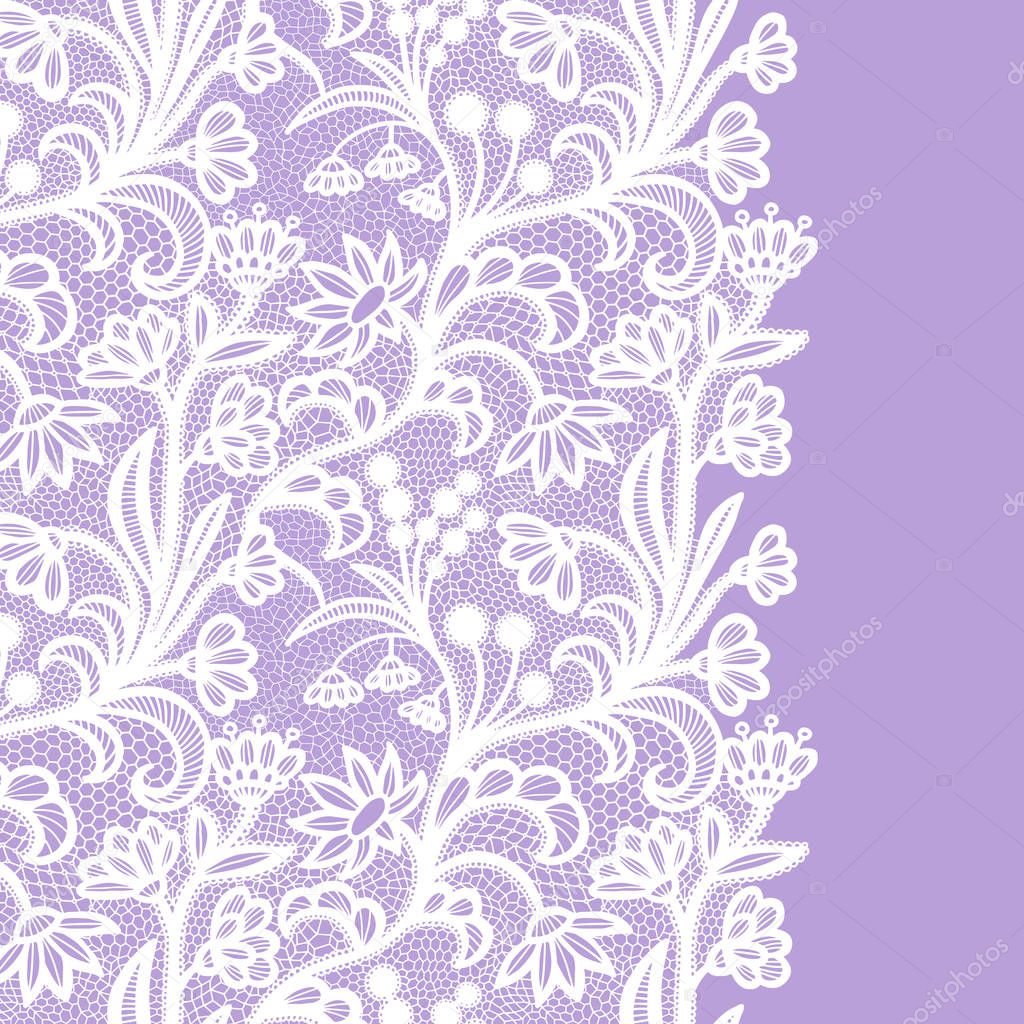 Seamless lace border. Vector illustration. White lacy vintage elegant trim.