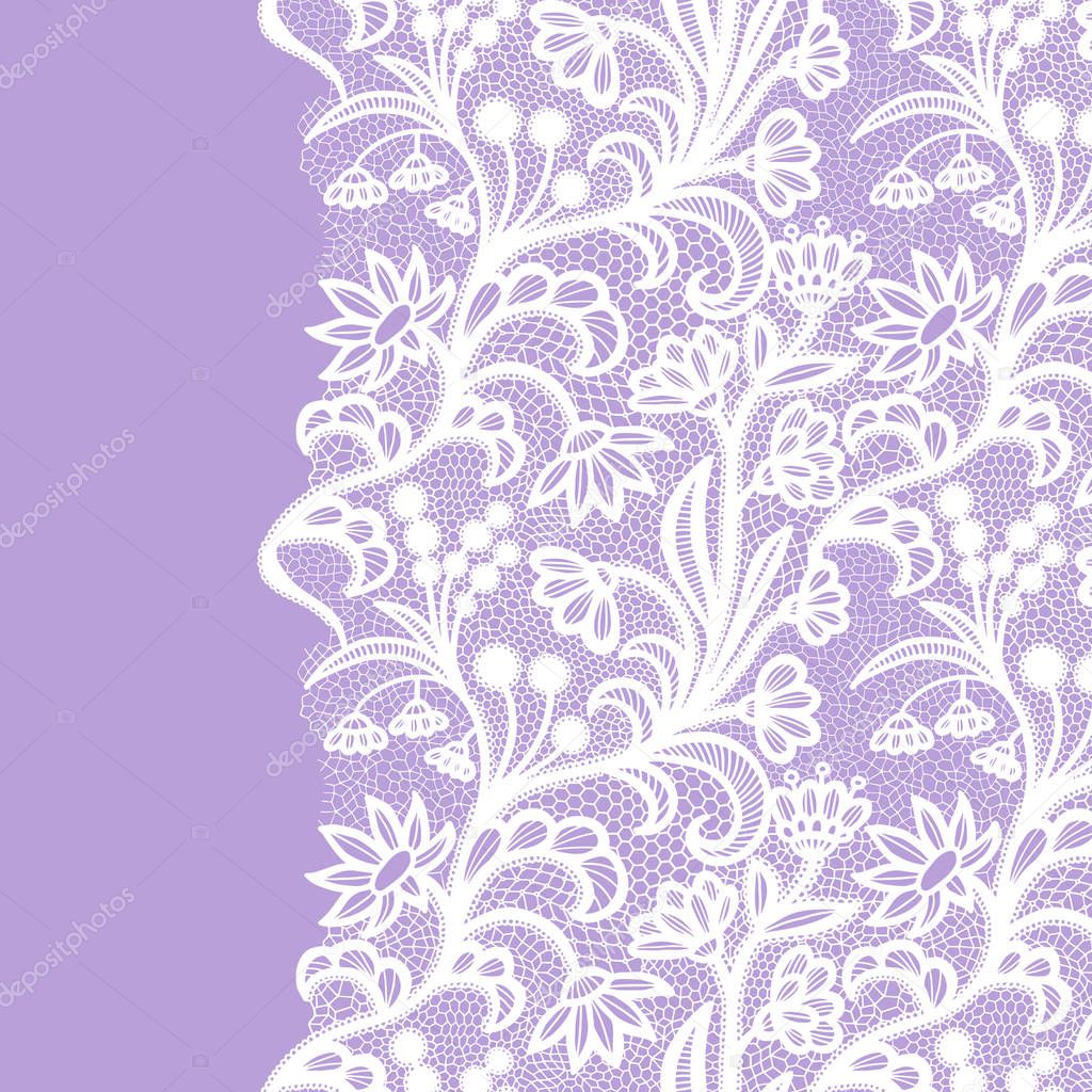 Seamless lace border. Vector illustration. White lacy vintage elegant trim.