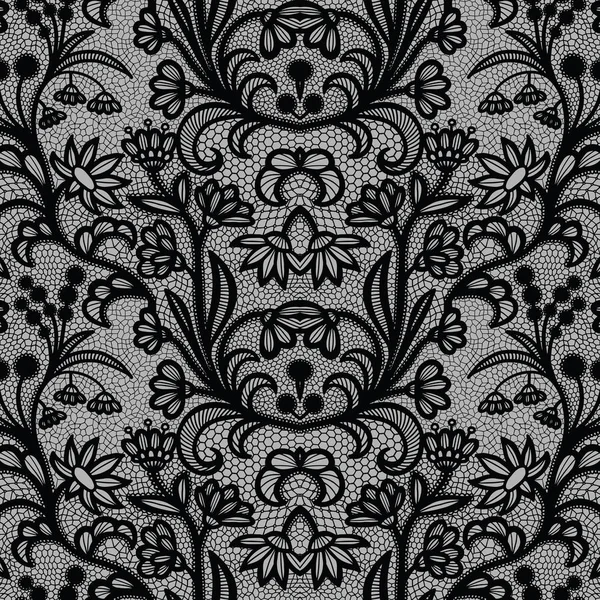 Lace Black Seamless Pattern Flowers Grey Background — Stock Vector