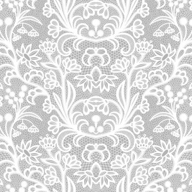 Gri zemin üzerine çiçekli beyaz seamless modeli dantel