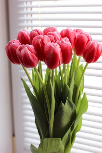 Buquê de tulipas frescas rosa. Cartão de felicitações. Foto moderna . — Fotografia de Stock