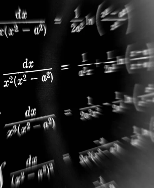 Gran Numero Formule Matematiche Focalizza Zoom Uno Sfondo Nero — Foto Stock