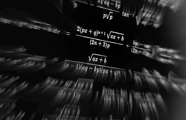 Gran Numero Formule Matematiche Focalizza Zoom Uno Sfondo Nero — Foto Stock