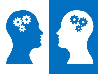Heads of two people with set of gears as a symbol work of brain, process human thinking  clipart