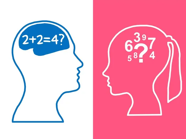 Heads of two people, woman and man, brainstorming concept math question, process human thinking