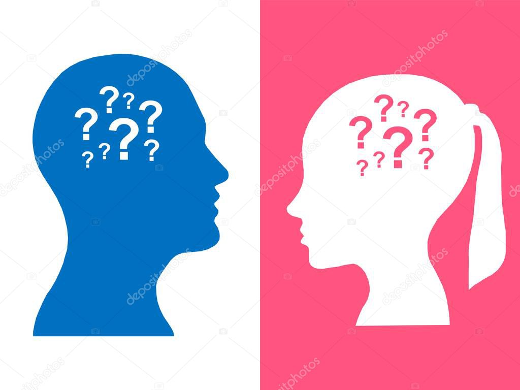 Heads of two people, abstract brain for concept question, process human thinking 