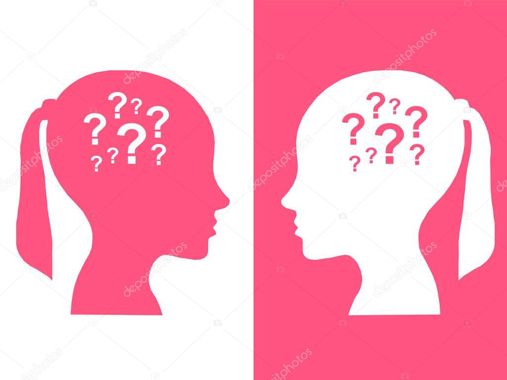 Heads of two people, abstract brain for concept question, process human thinking 