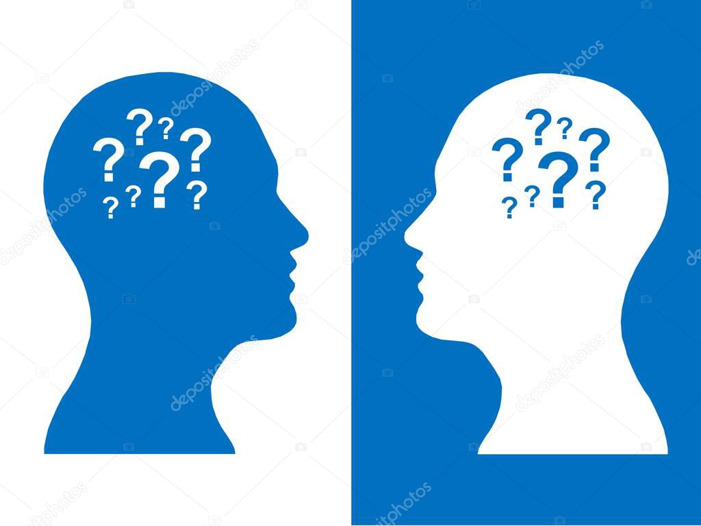 Heads of two people, abstract brain for concept question, process human thinking 
