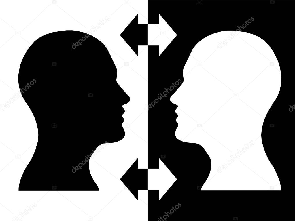 Heads of two people, abstract brain for concept change, process human thinking 