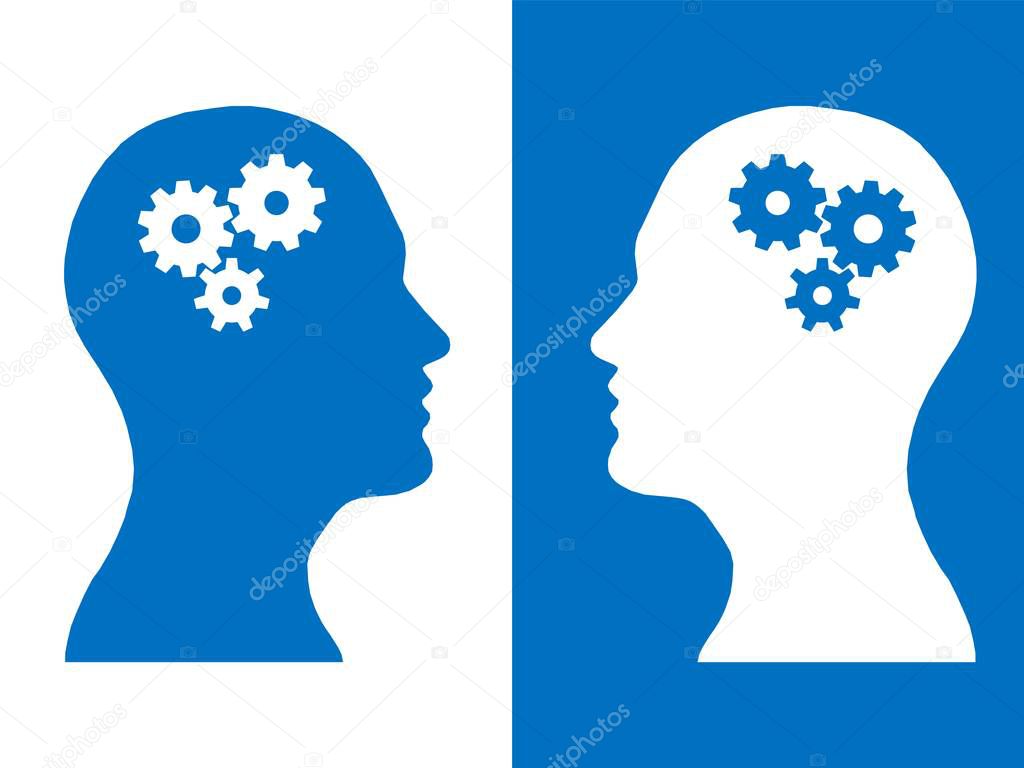 Heads of two people with set of gears as a symbol work of brain, process human thinking 