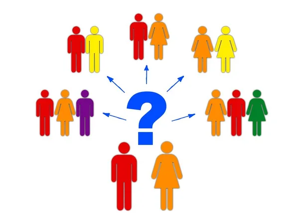 Concept of choice or gender symbol confusion, choosing between genders with rainbow arrows, couple selection