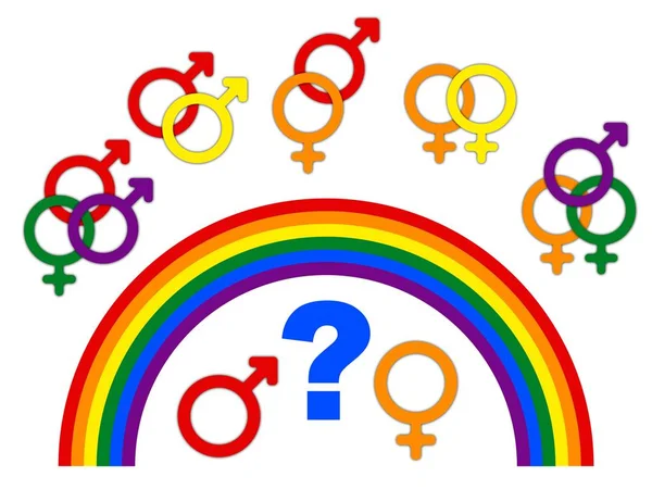 选择的概念或性别符号混淆 选择与彩虹箭头的性别 夫妇选择 — 图库照片