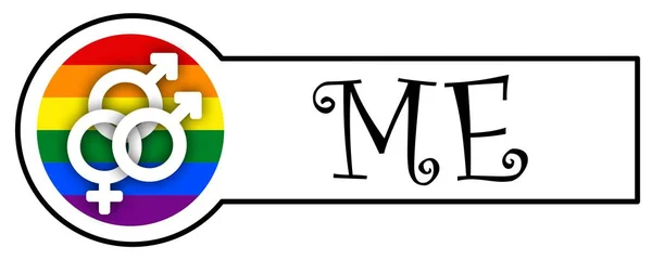 Sticker with Gay Pride Rainbow Flag, ME, symbol two man and one woman, on white background