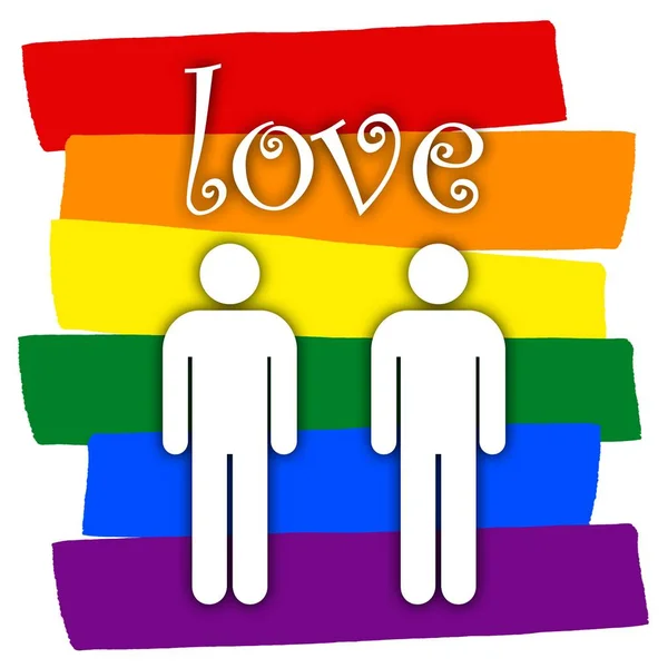 Gay Paar Met Veelkleurige Regenboog Vlag Liefde Lgbt Paar Symbool — Stockfoto