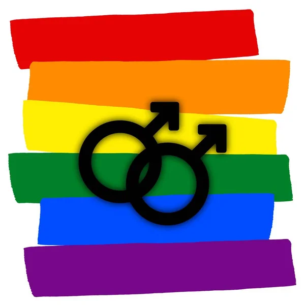 同性恋情侣与多彩多姿的彩虹旗爱 Lgbt 夫妇的象征 两个男人 — 图库照片