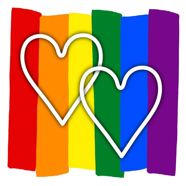 彩虹同性恋骄傲旗 象征性少数 同性恋和女同性恋 两颗心 — 图库照片